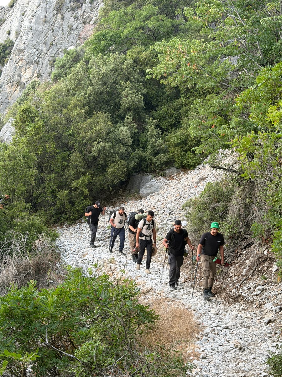Hikers climbing a steep scree trail in single file